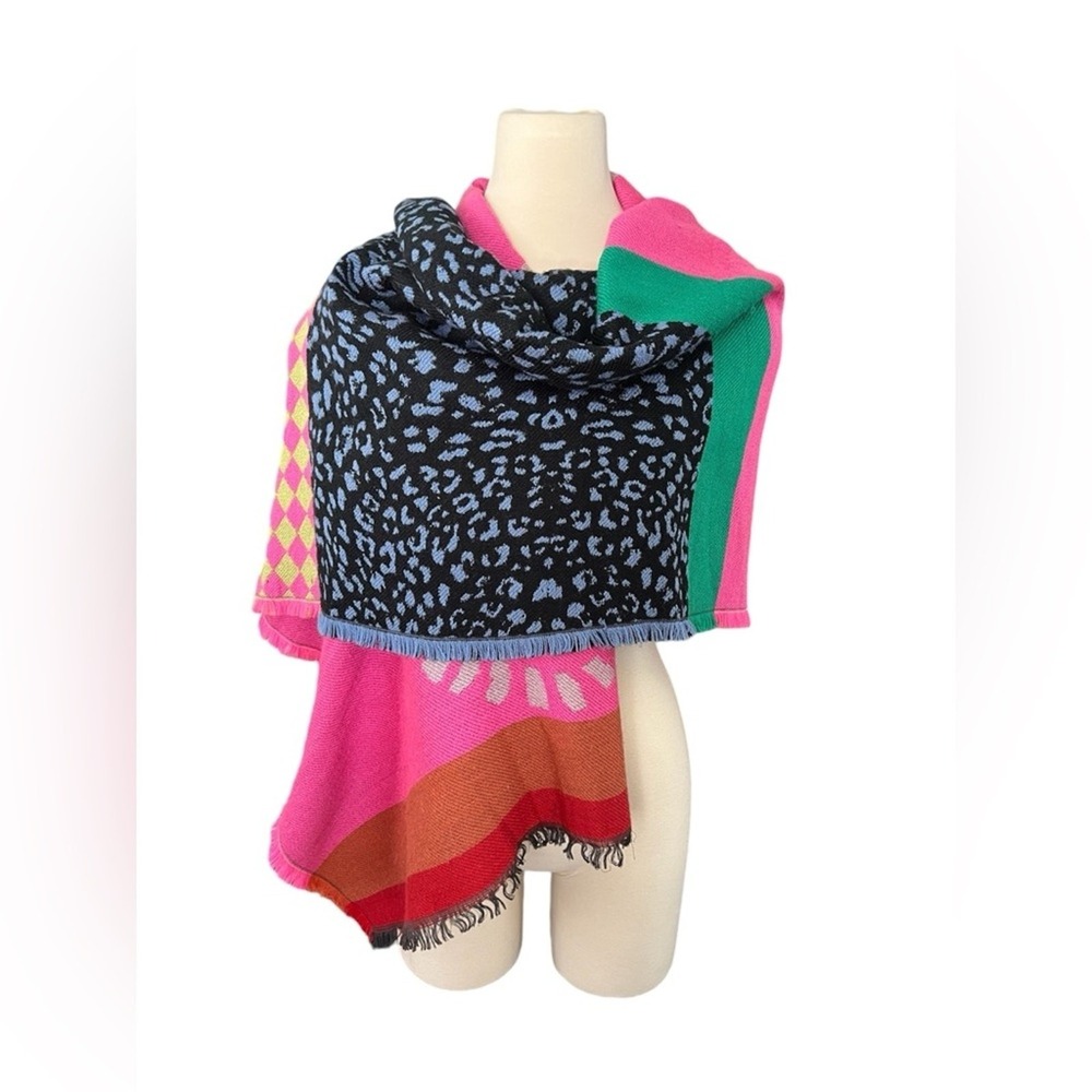Anna & Ava Colorblock Zebra Scarf Wrap Pink Boho Statement Fringe Distressed
